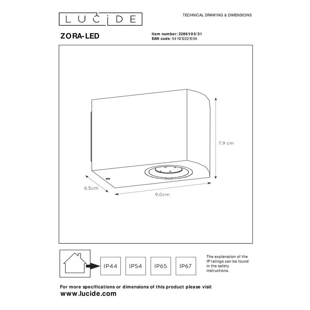 Design wall spot Zora-Led Down White Lucide 5411212221056