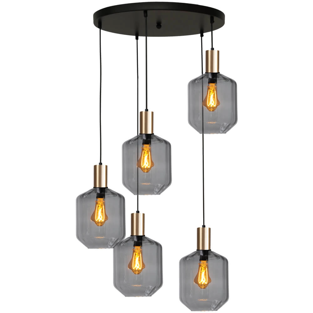 5-light loft hanging lamp - gold - Porto with Jagger smoke glasses