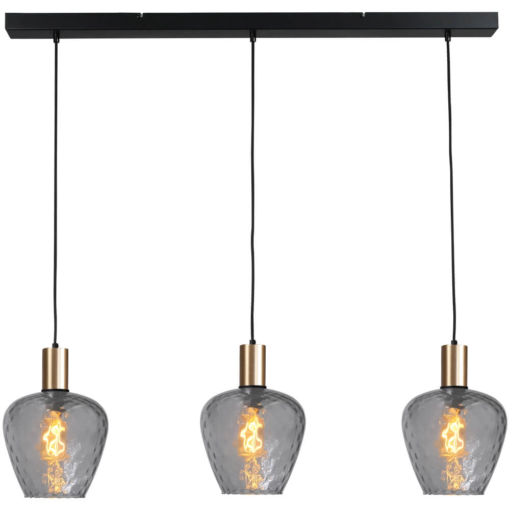 3-light hanging lamp - gold - Porto with Diamond smoke glasses