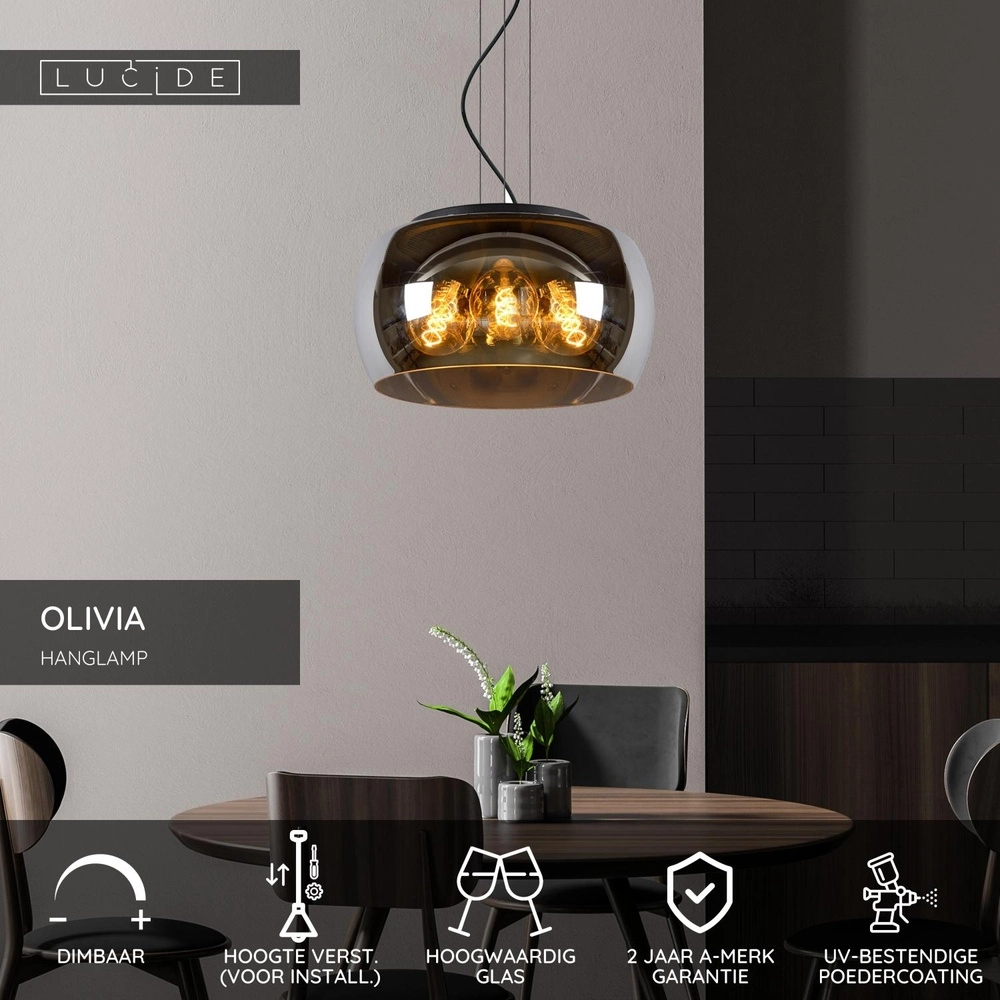 Design pendant lamp Olivia Ø 40cm black with smoke glass Lucide 5411212452092