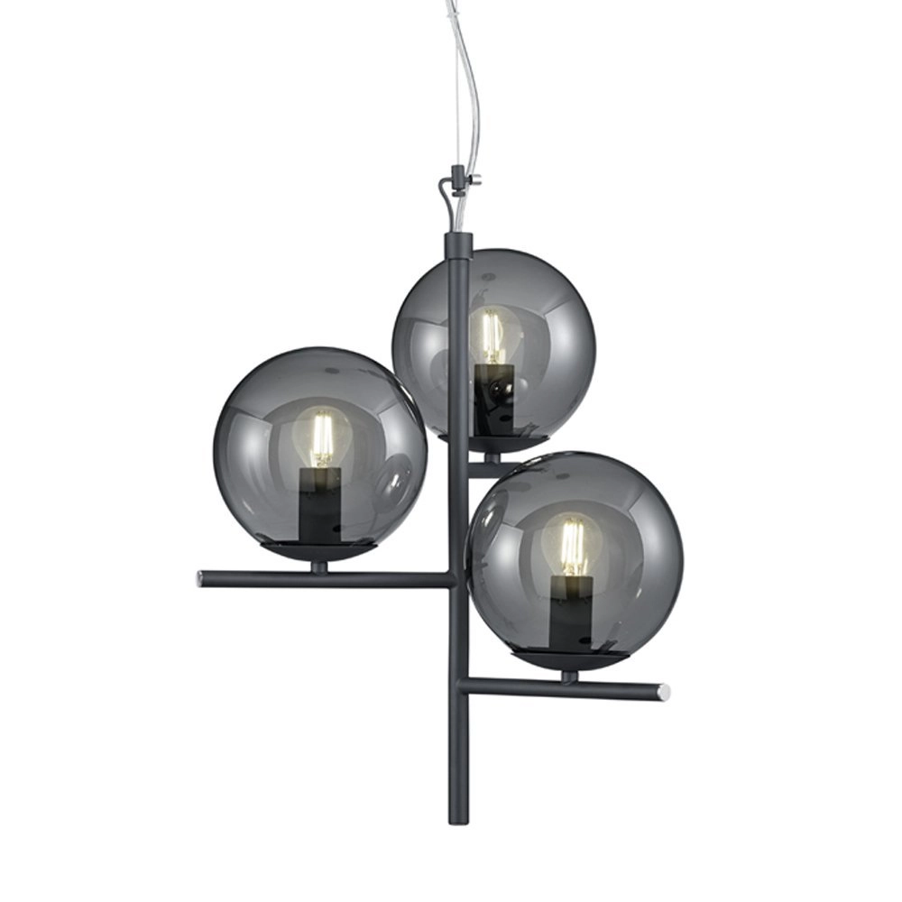 Pendant lamp Pure 3-light black with smoke glass