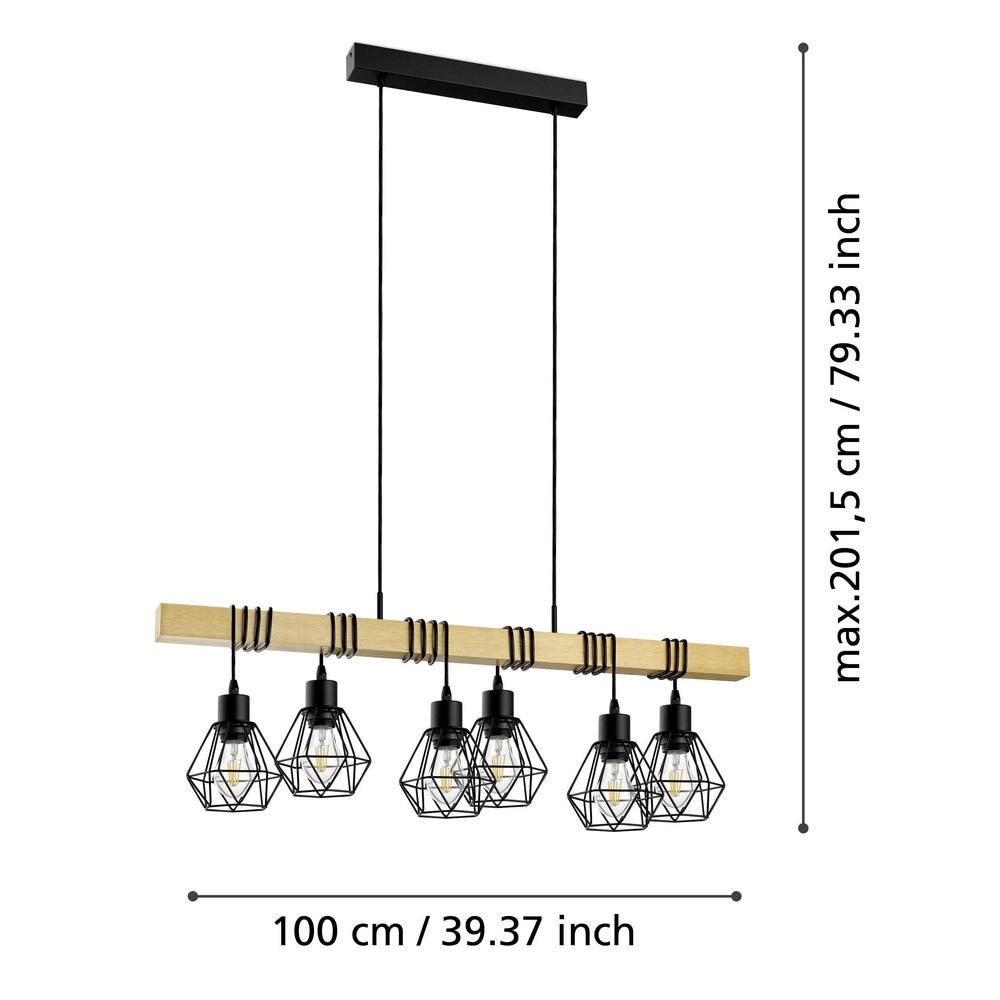6-light pendant lamp Townshend 5 Dining room - black with wood Eglo 9002759440763