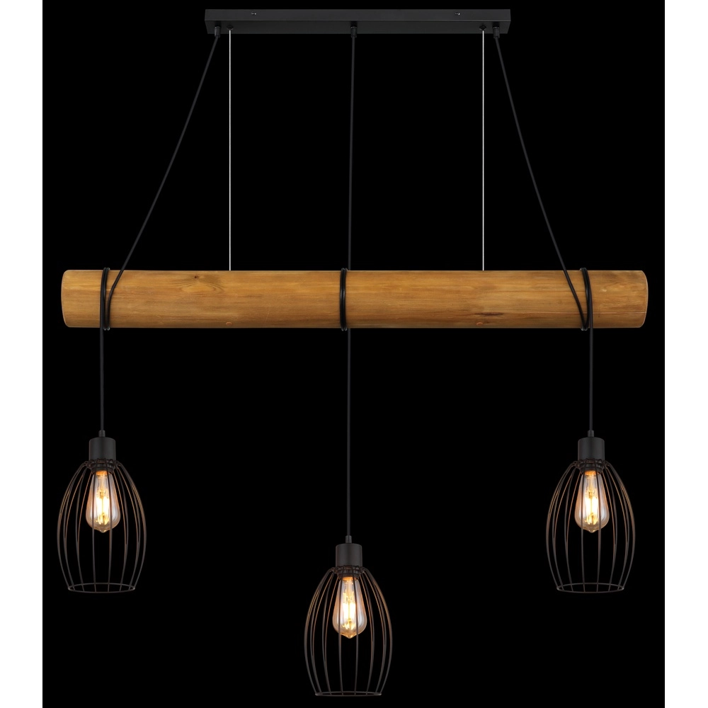 Country Pendant Lamp Berti 3-light wood with black Globo 9007371583331