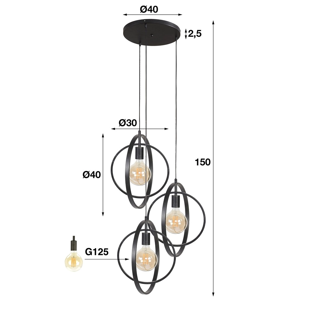 3-light pendant lamp dining table Turn Ø 40cm - charcoal - excl E27 Lyora 8716803513143