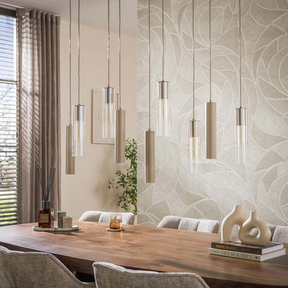 Strakke hanglamp Lungo zand bruin 9-lichts Lyora 8716803514911
