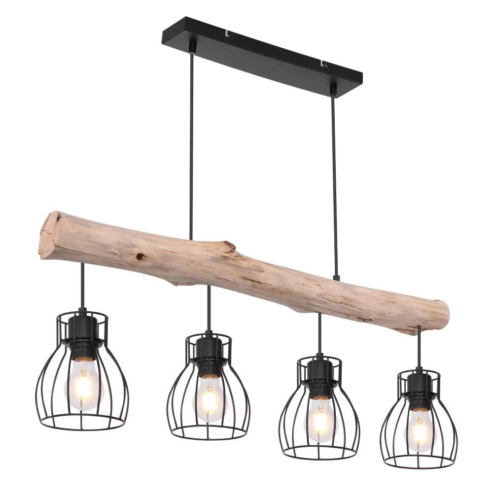Country Pendant Lamp Mina black with wood 4-lights