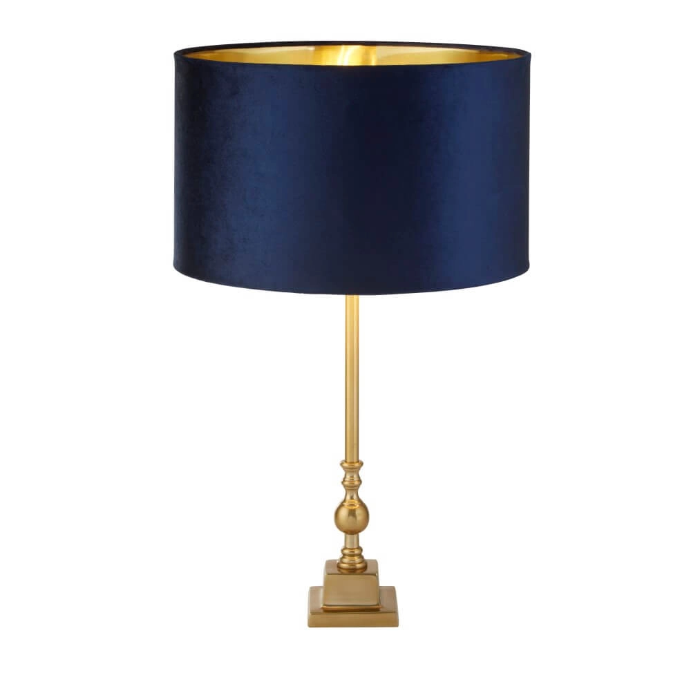 Golden table lamp Whitby with dark blue hood Searchlight 5053423257723