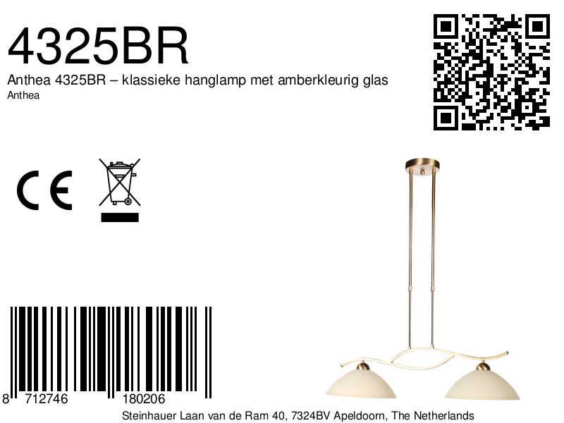 Classic pendant lamp Anthea 2-light bronze Steinhauer 8712746180206