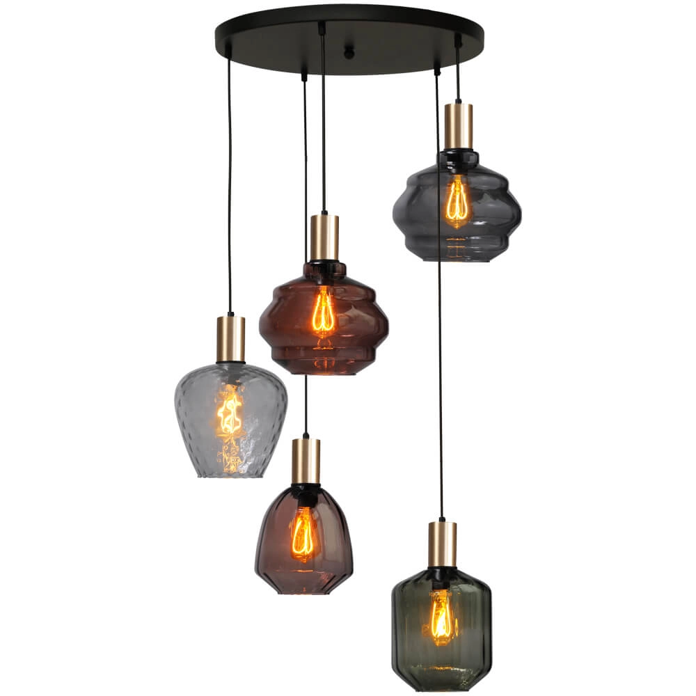 5-light loft hanging lamp - gold - Porto with different glasses
