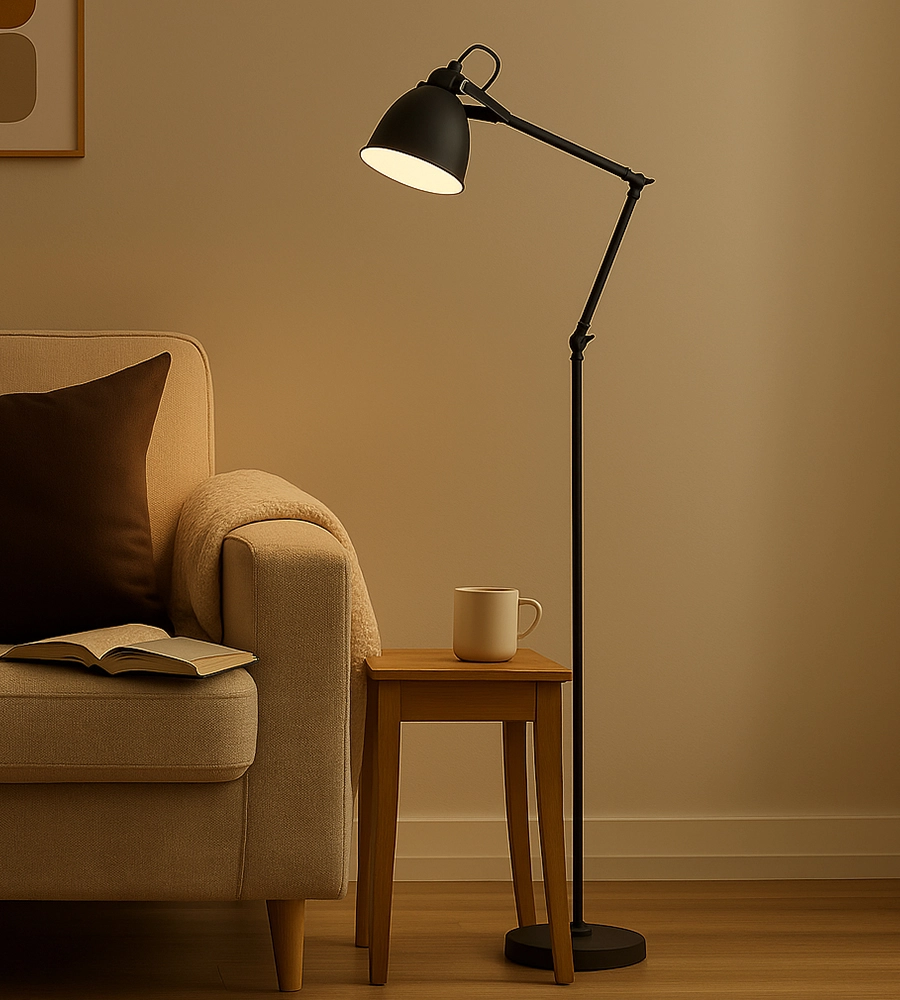 Black industrial floor lamp for sofa and side table