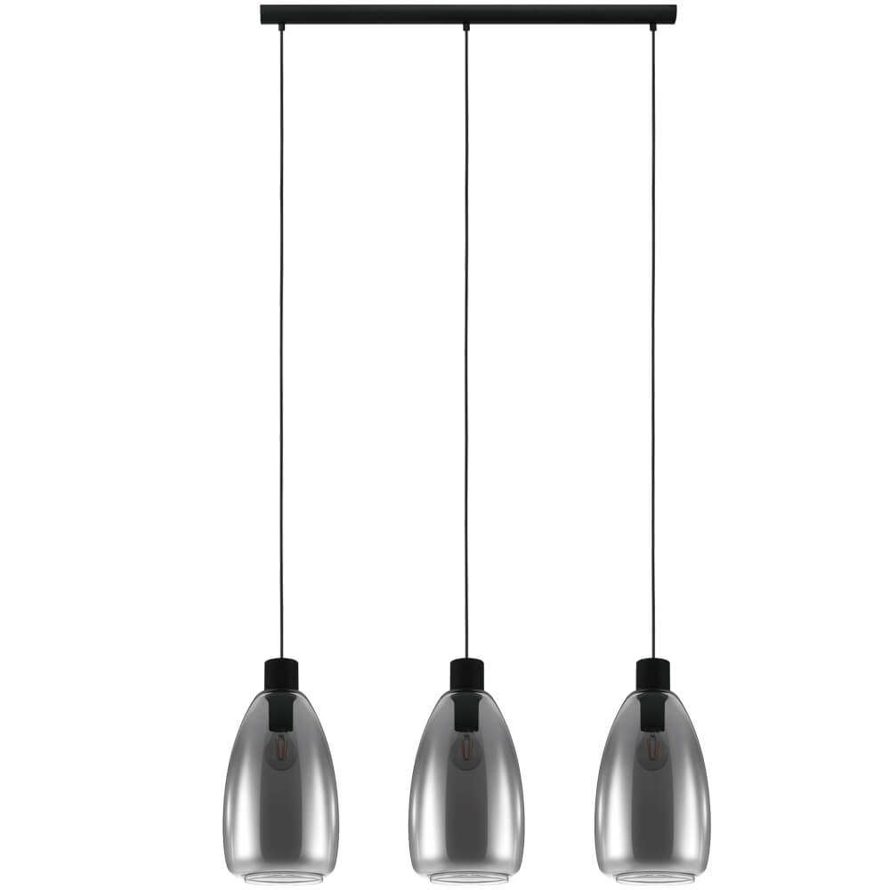 Glass hanging lamp Chelvey 3-light black with smoke glass