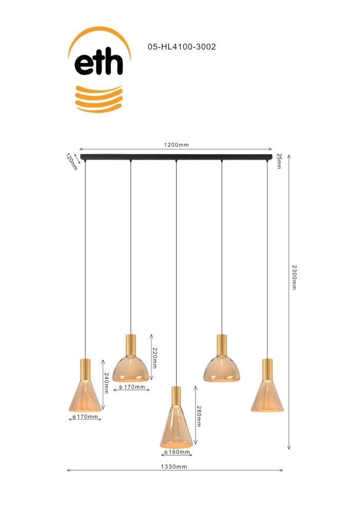 Dining room pendant lamp Lisa Gold with amber glass ETH 8720195310198