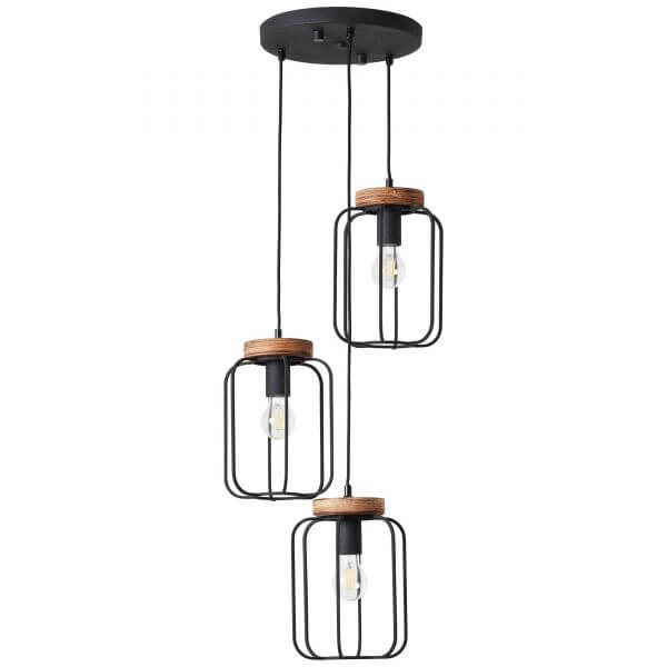Hanging lamp Tosh Disk 3-light black with wood brown Brilliant 4004353395345