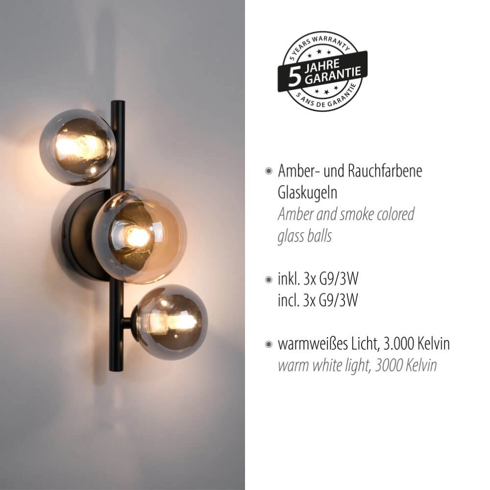 Black wall lamp Popsicle 3-light Paul Neuhaus 4012248375501