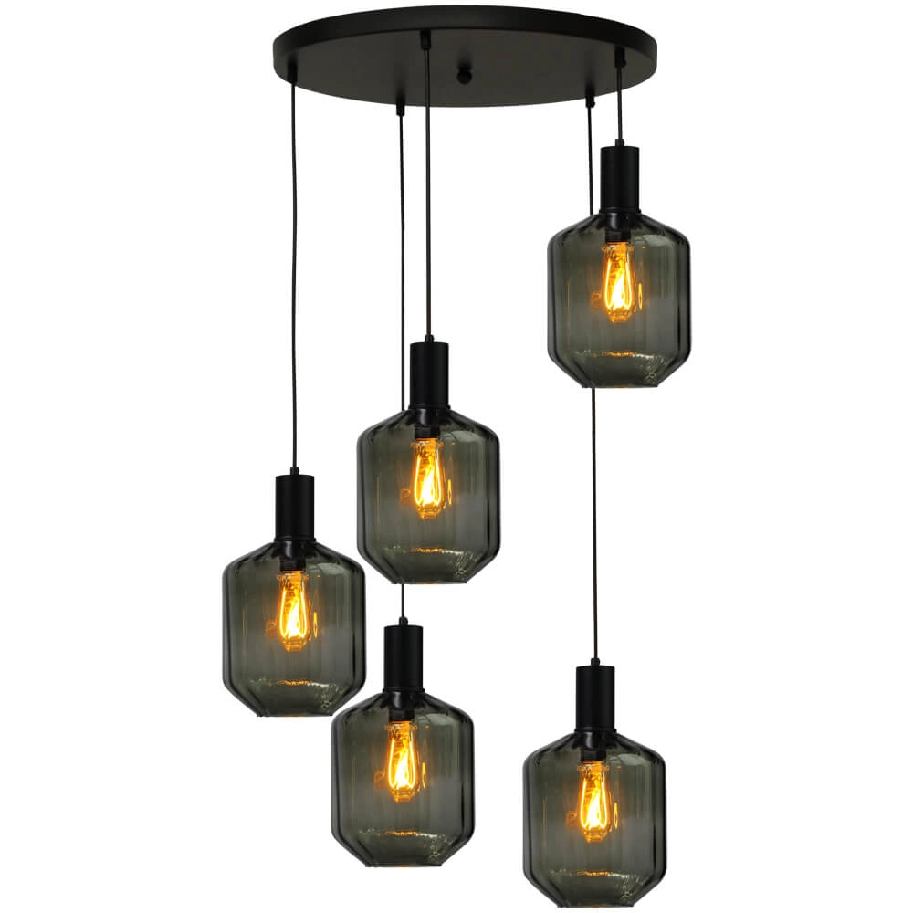 5-light loft hanging lamp - black - Porto with Jagger green lenses