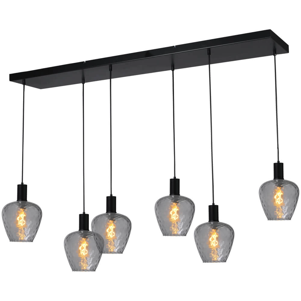 6-light hanging lamp - black - Porto with Diamond smoke glasses