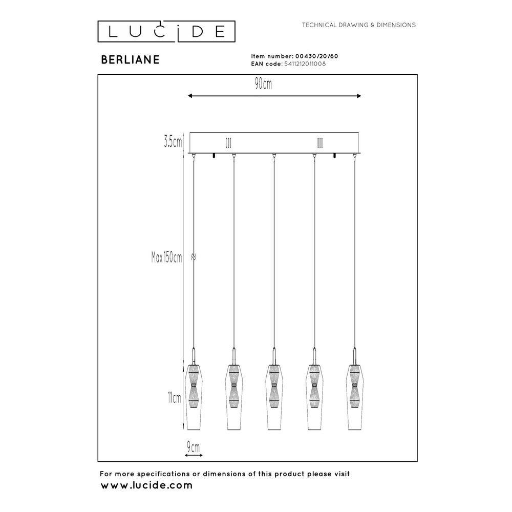 Unique pendant lamp Berliane 5-light straight Lucide 5411212011008