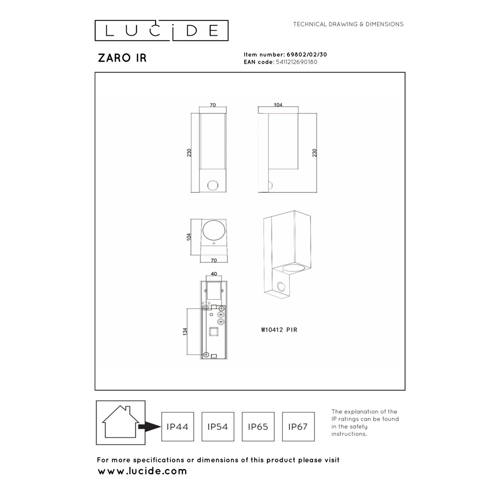 Design wall spot Zaro Up & Down Black With Sensor Lucide 5411212690180