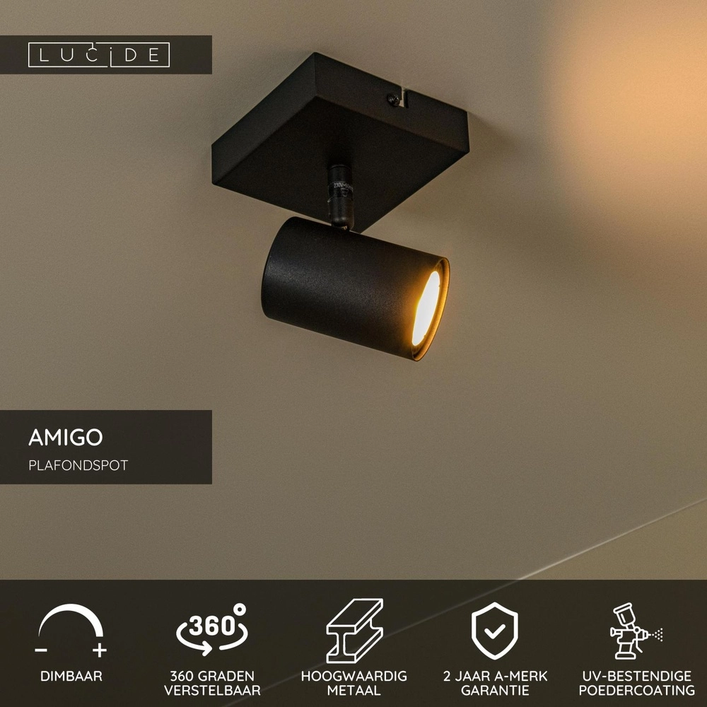 Ceiling lamp Amigo Single Black Lucide 5411212531001