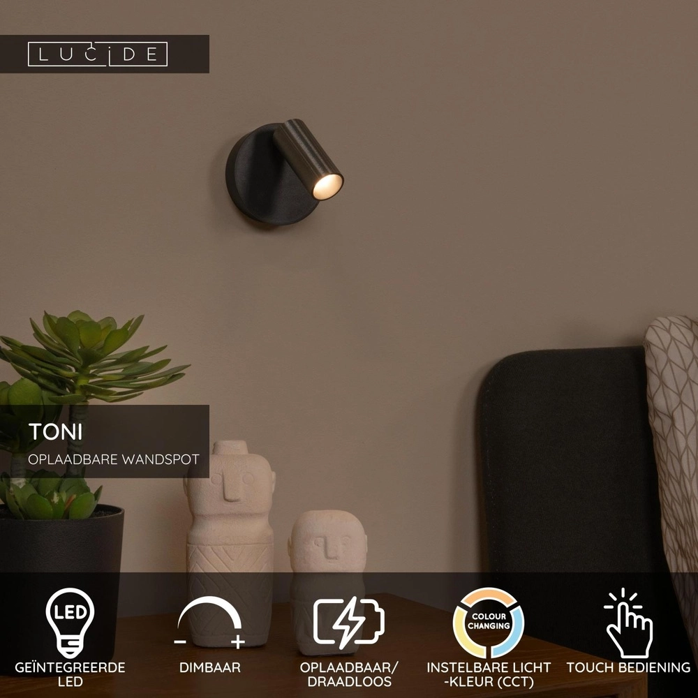 Rechargeable wall lamp Toni magnetic metallic grey Lucide 5411212290533