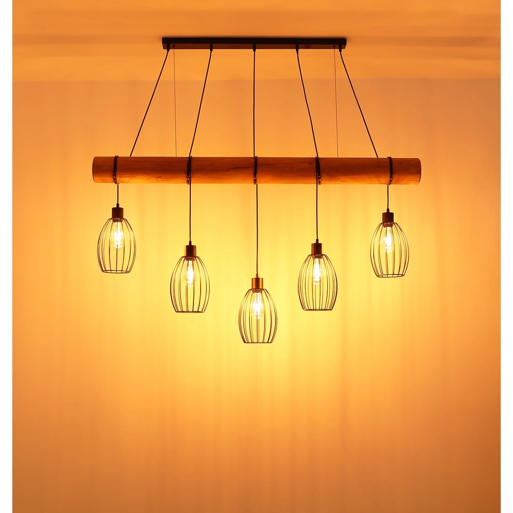 Country Pendant Lamp Berti 5-light wood with black Globo 9007371586325