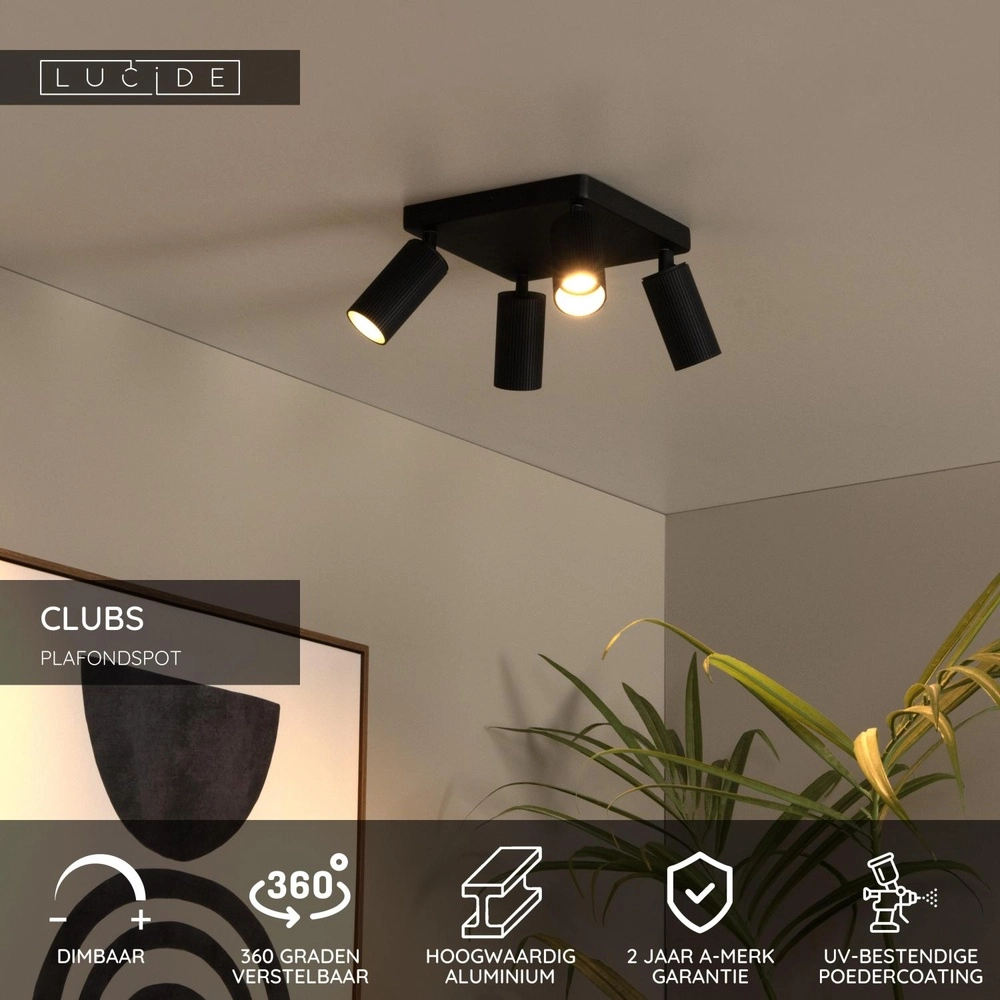 Surface-mounted ceiling spot Clubs 4-light black Lucide 5411212093523
