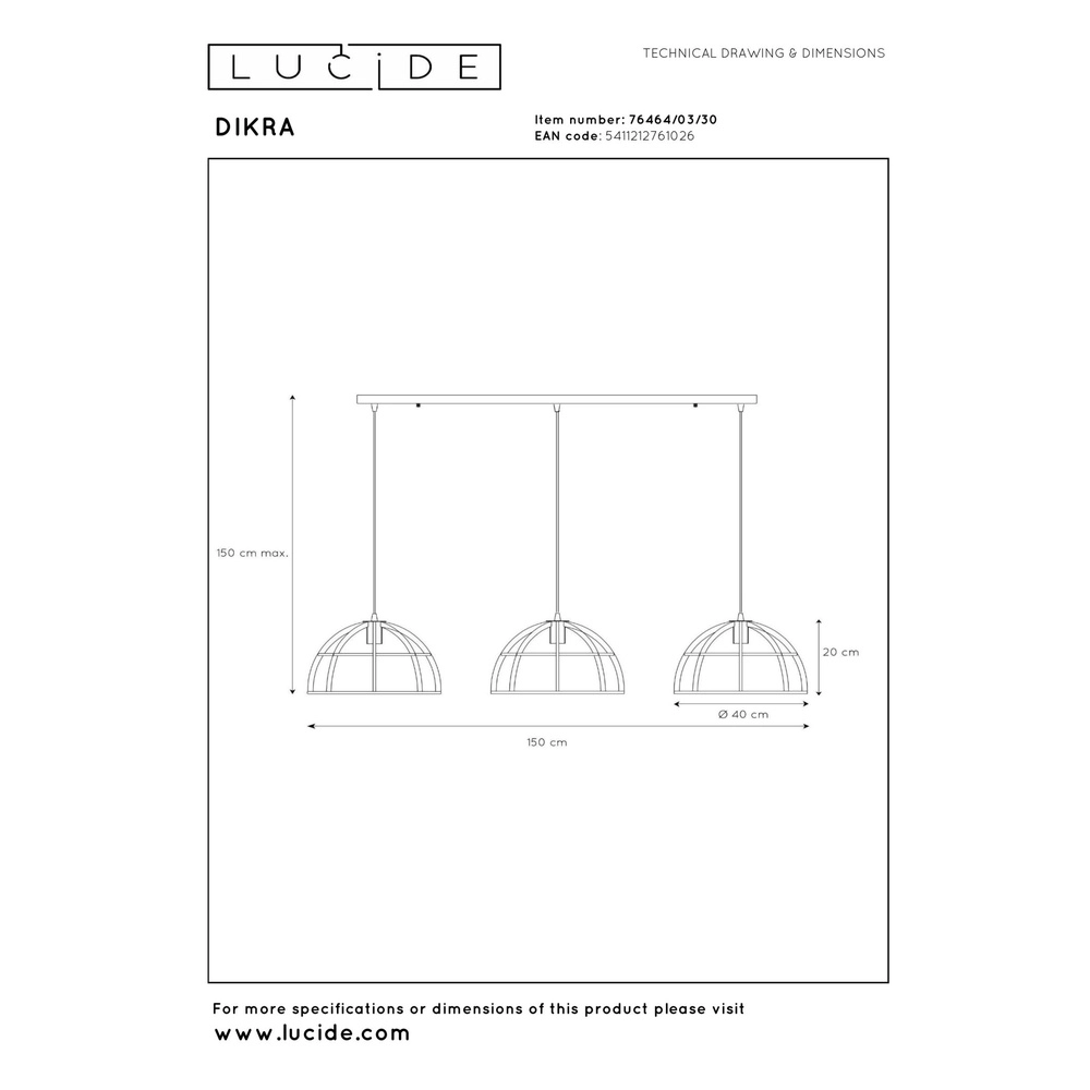 3-light pendant lamp Dikra Industrial Black Lucide 5411212761026