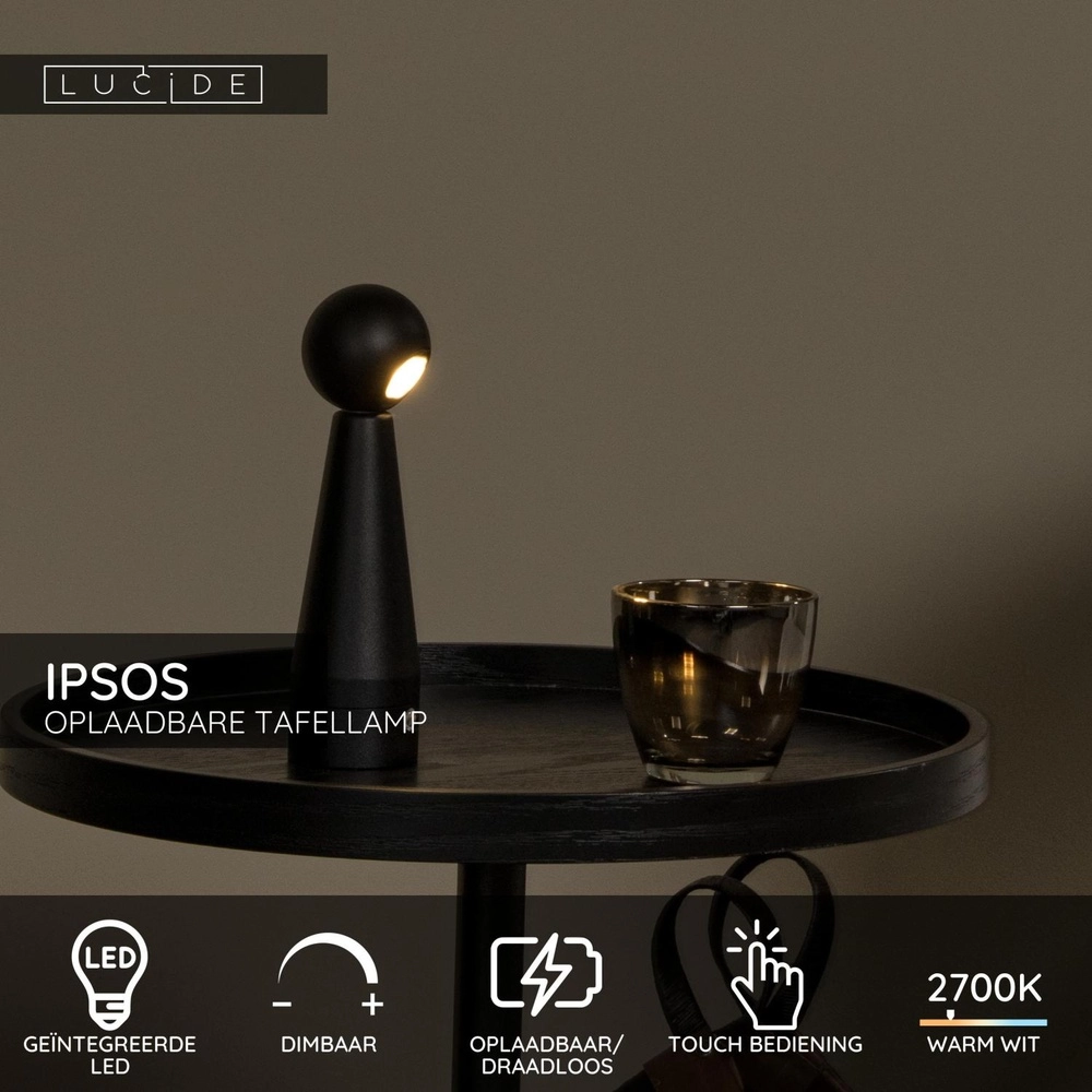 Rechargeable table lamp Ipsos Black Lucide 5411212333964