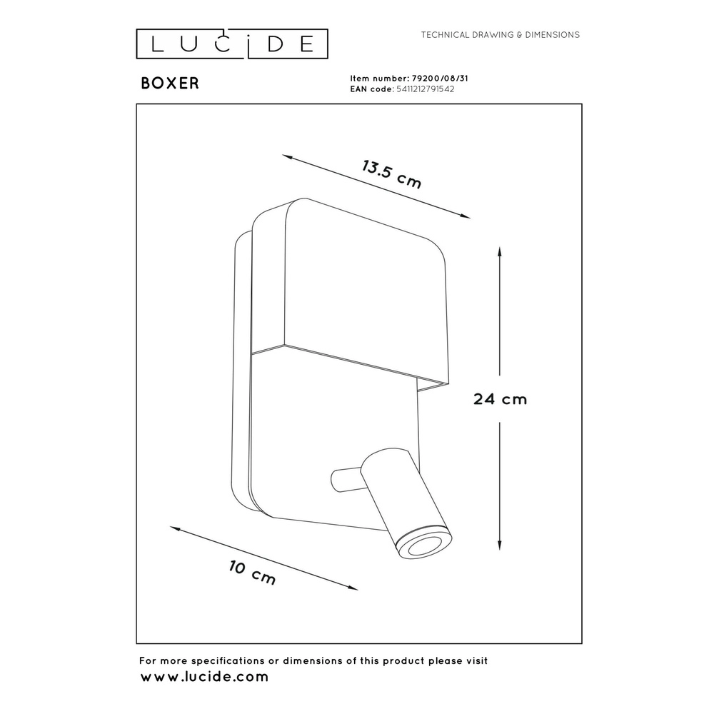 Bedside lamp Boxer white with USB charging point Lucide 5411212791542