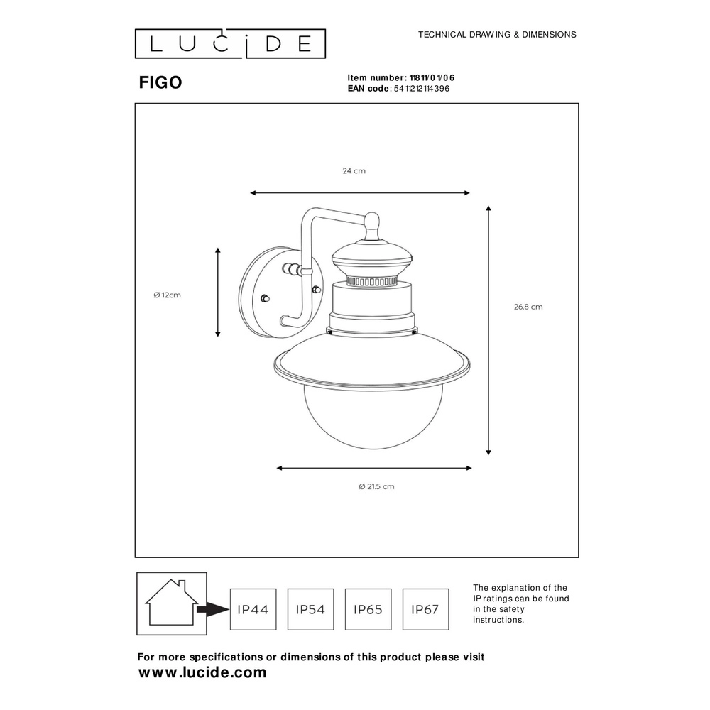 Classic wall lamp Figo zinc Lucide 5411212114396