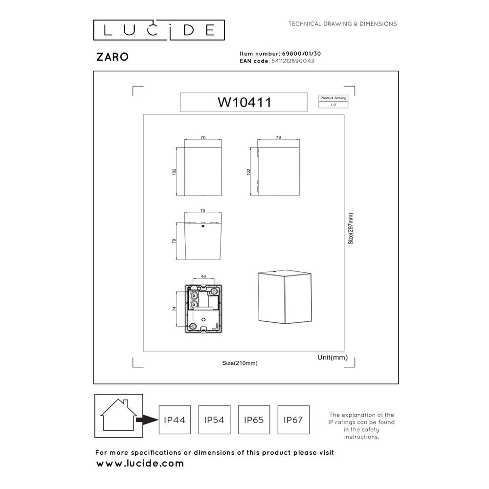 Design wall spot Zaro IP44 single black Lucide 5411212690043