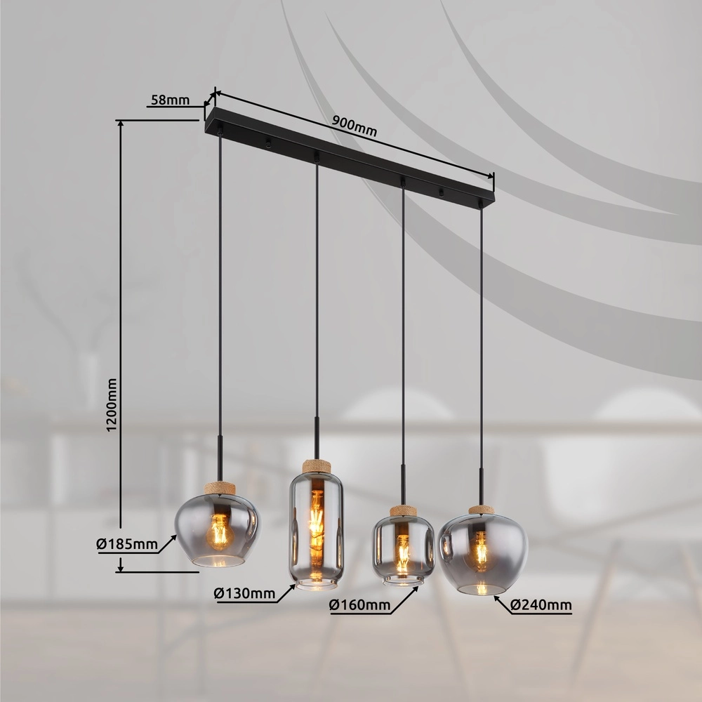 Design pendant lamp Matt 4-light black with smoke glass Globo 9007371438518