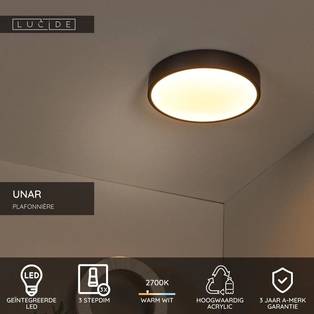 Ceiling light Unar Ø 30cm - 2700K - black Lucide 5411212791870