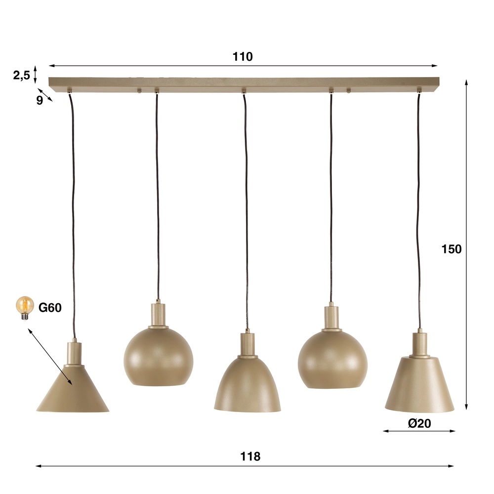 Sand pendant lamp Metallo dining table - 5x E27 Lyora 8716803512320