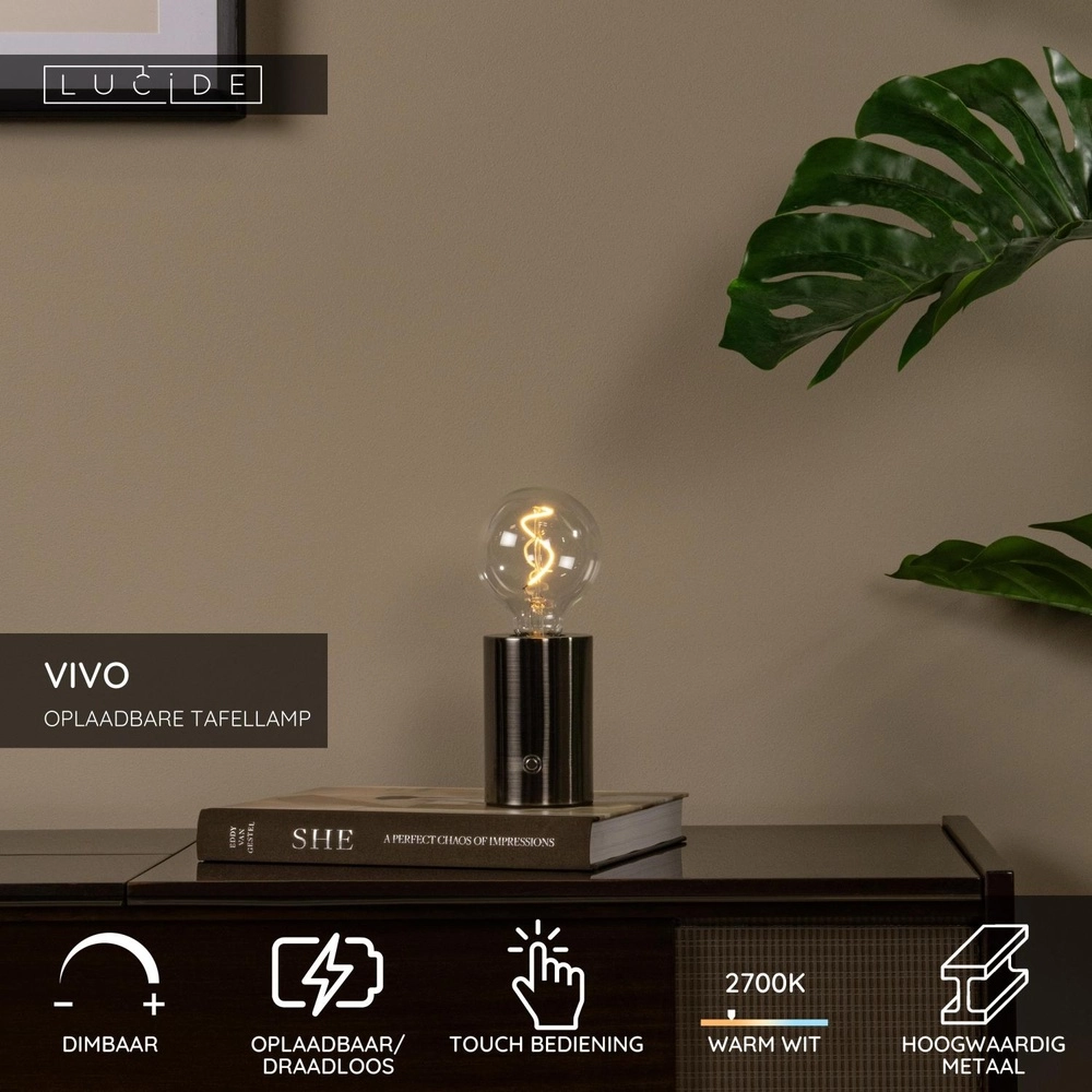 Rechargeable table lamp Vivo matt chrome Lucide 5411212520852