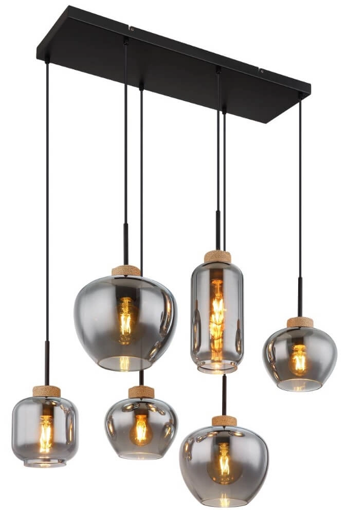 6-light pendant lamp Matt black with wood