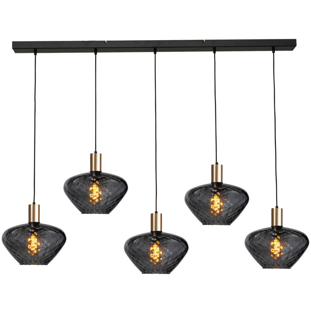 5-light hanging lamp - gold - Porto with Blossom clear lenses