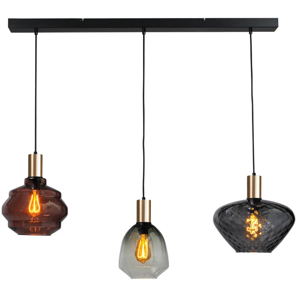 3-light hanging lamp - gold - Porto with different glasses