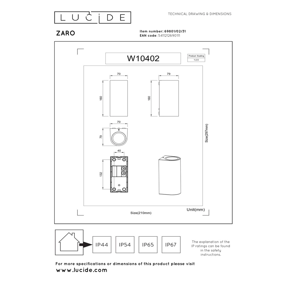 Wall spotlight Zaro IP44 up & down white Lucide 5411212690111