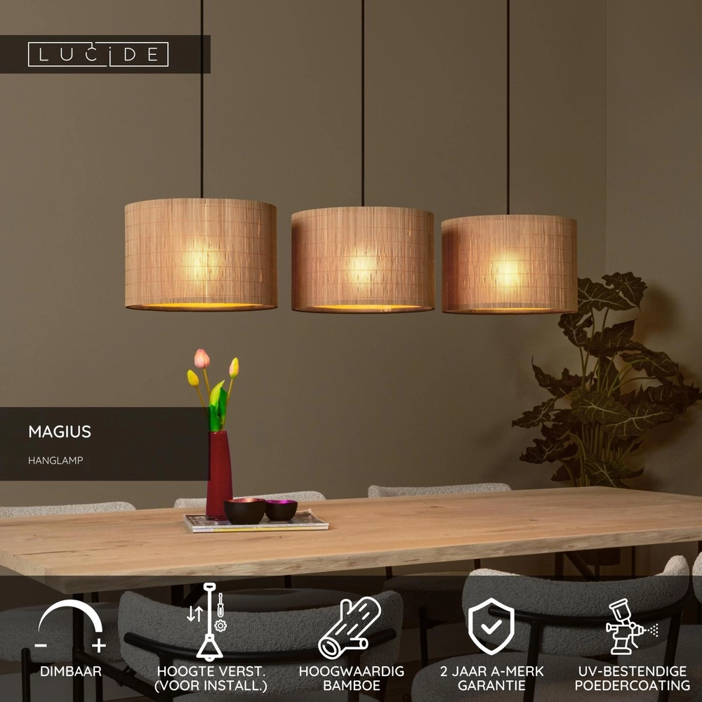 Pendant lamp Magius 3-light rattan Lucide 5411212031693
