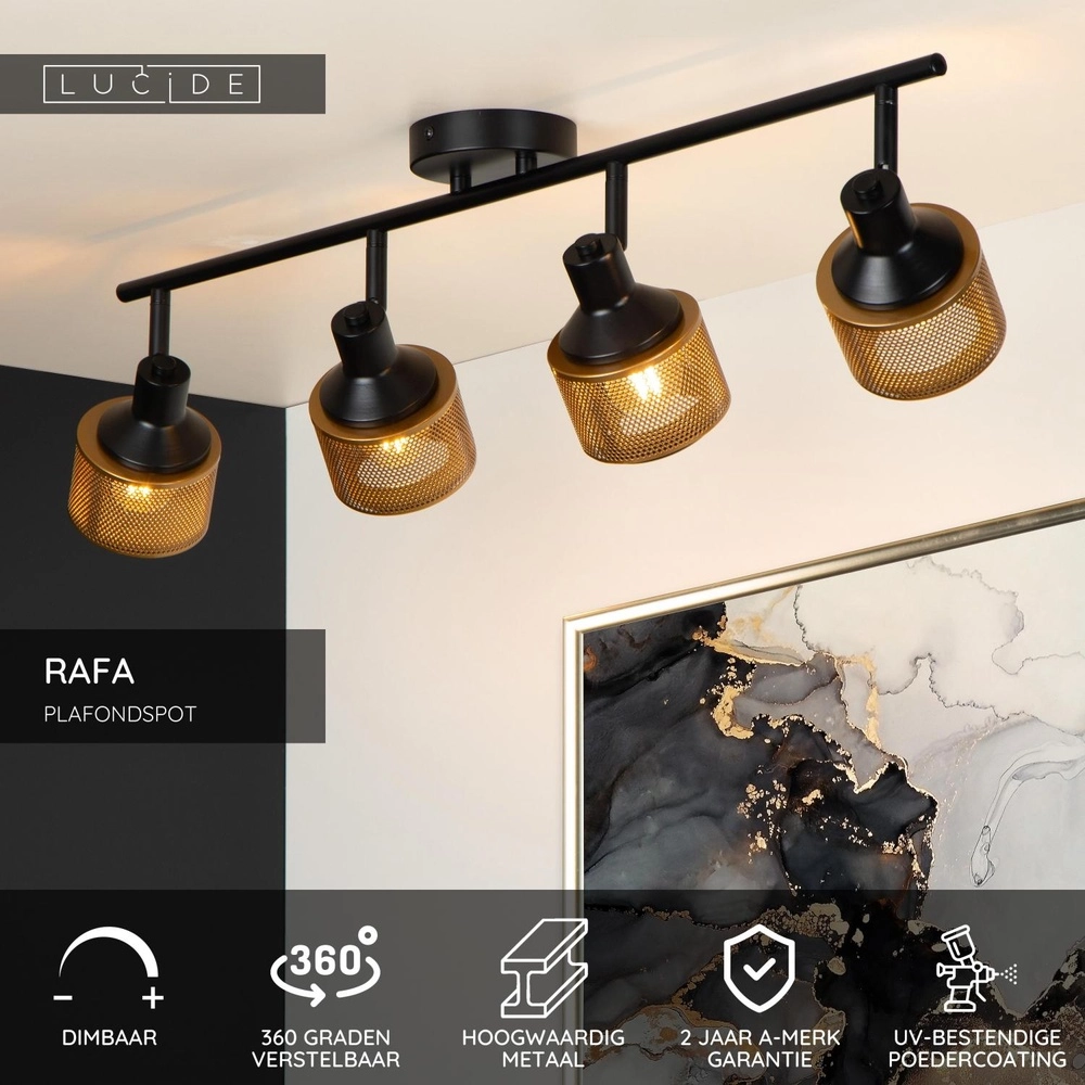 Ceiling lamp Rafa 4-light black with copper Lucide 5411212771308