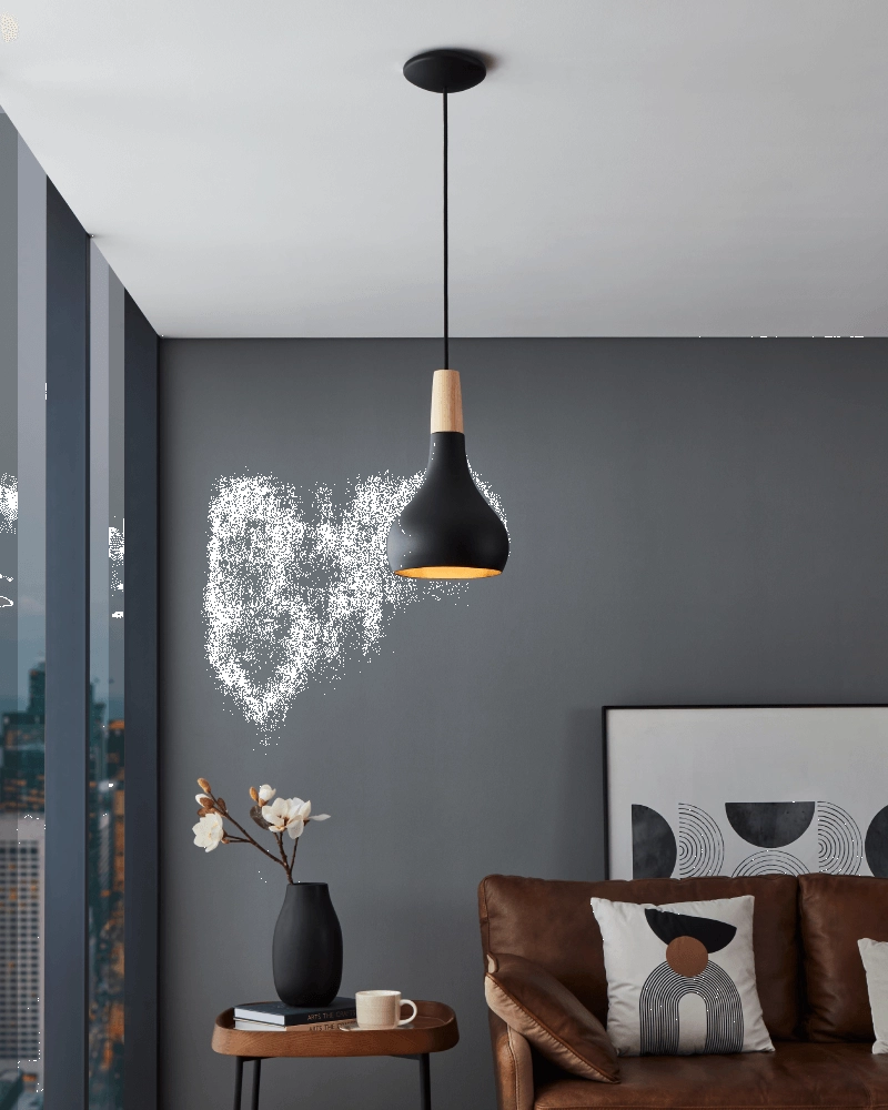 Black hanging lamp Sabinar Ø 18cm with wood Eglo 9008606235773