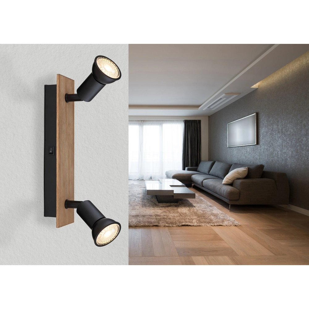 Ceiling spotlight Drew black with wood 2-lights Globo 9007371430789