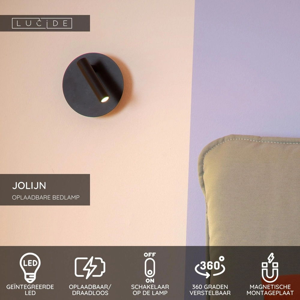 Magnetic wall light Jolijn Rechargeable Black Bedside Lamp Lucide 5411212771353