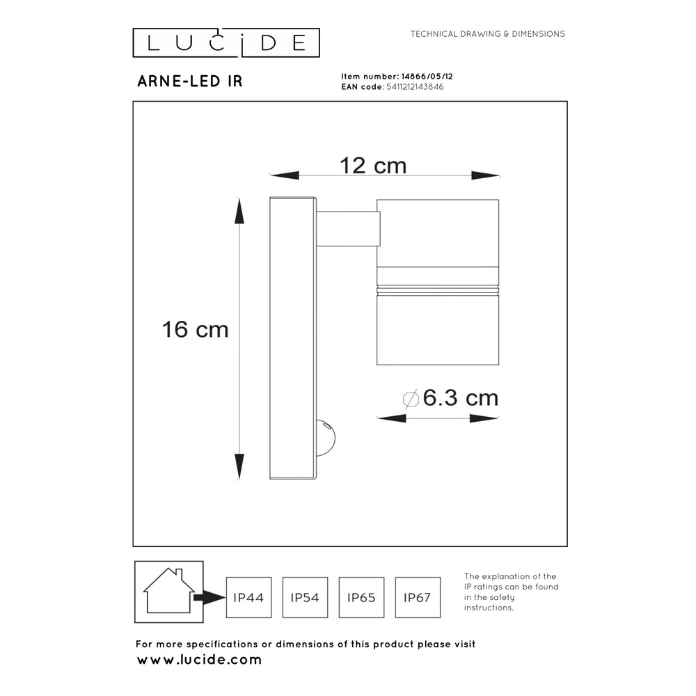 Wall spotlight Arne-Led Ir Down chrome with sensor Lucide 5411212143846