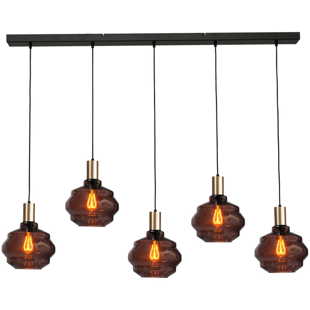 5-light hanging lamp - gold - Porto with Ball red glasses - Ø 24cm