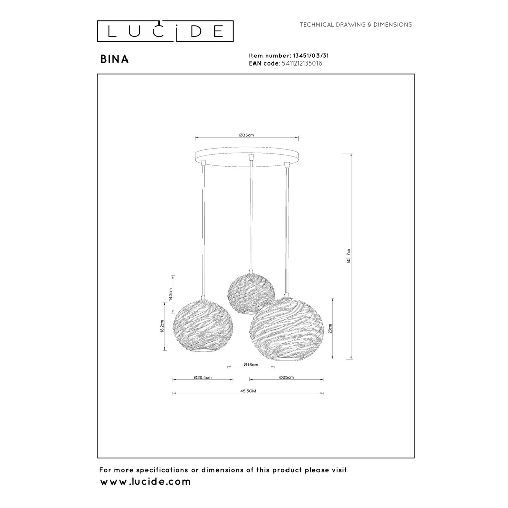 Design pendant lamp Bina 3-light round white Lucide 5411212135018