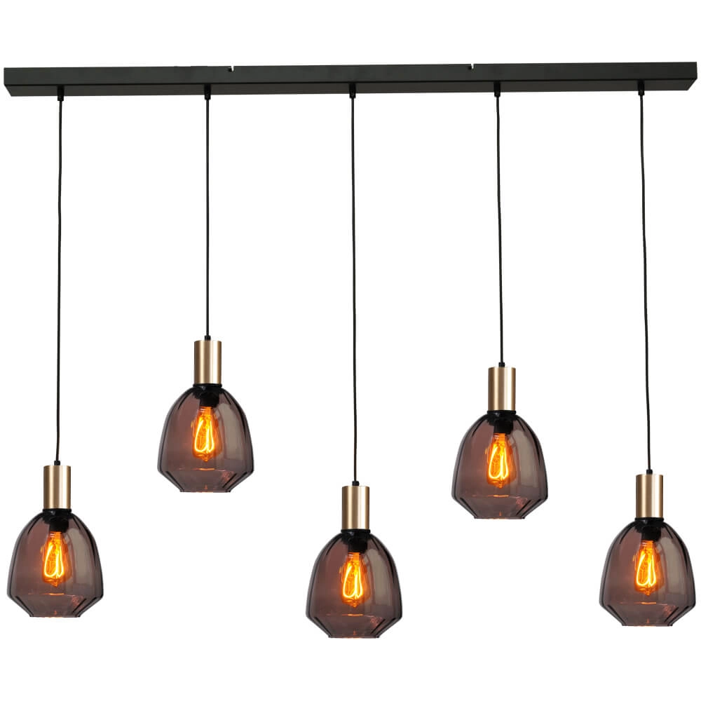 5-light hanging lamp - gold - Porto with Nicolette red glasses