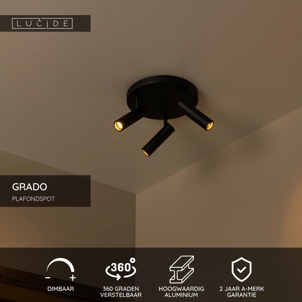 Sleek ceiling lamp Grado 3-light black Lucide 5411212221681
