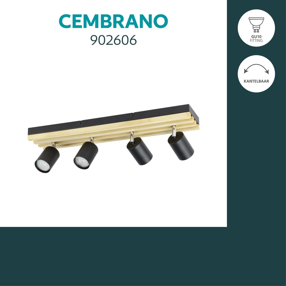 Modern spotlight Cembrano 4-light black with wood Eglo 9008606389063